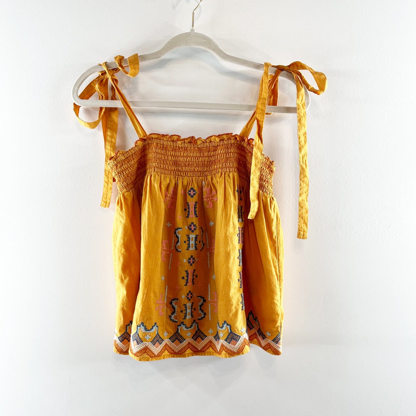 Anthropologie Tie Strap Embroidered Square Neck Tank Top Yellow XS