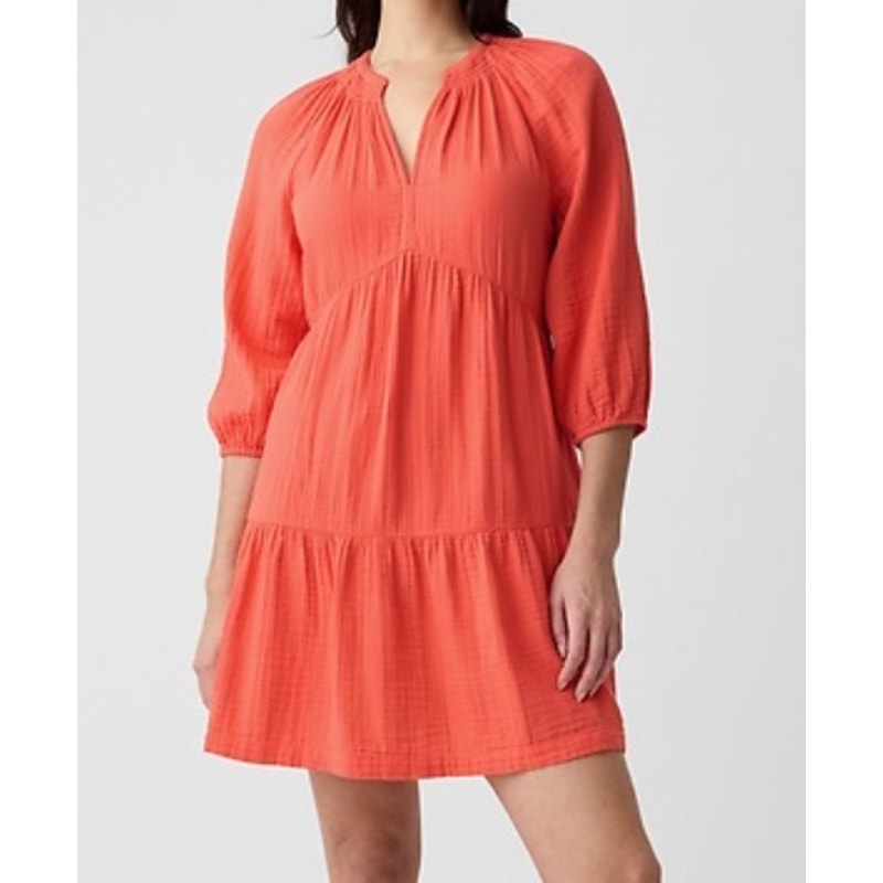 GAP Crinkle Gauze Tiered 3/4 Sleeve Mini Dress Fire Coral Orange XS Petite