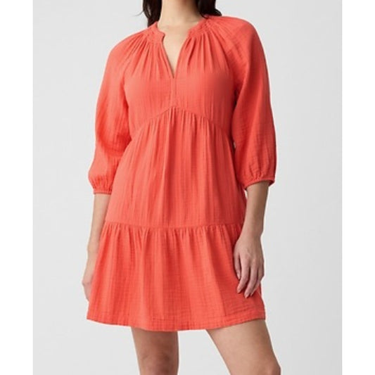 GAP Crinkle Gauze Tiered 3/4 Sleeve Mini Dress Fire Coral Orange XS Petite