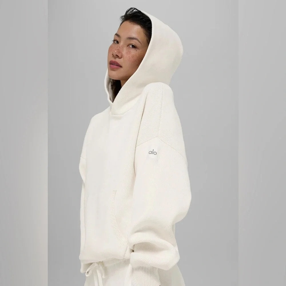 Alo Yoga Scholar Long Sleeve Cozy Knit Pullover Hooded Sweater Ivory Cream XXS