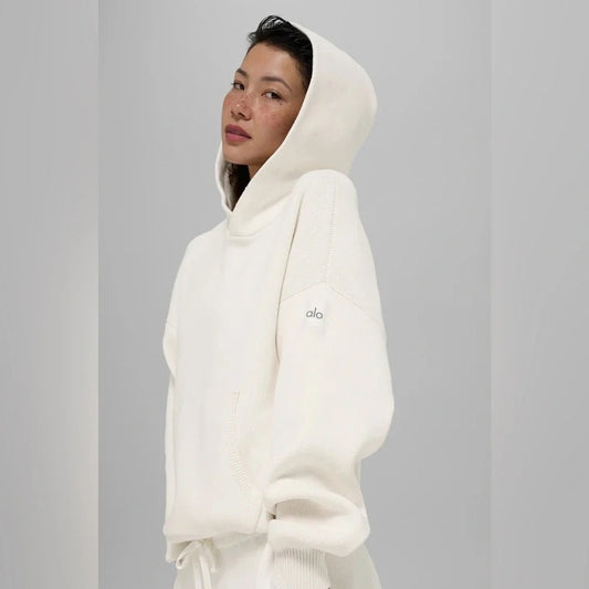 Alo Yoga Scholar Long Sleeve Cozy Knit Pullover Hooded Sweater Ivory Cream XXS