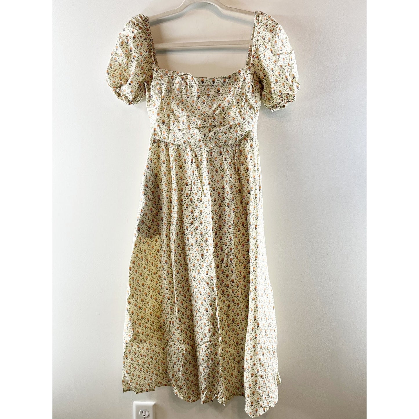 O.P.T Square Neck Short Puff Sleeve Floral Cotton Lined Midi Dress Cream Large