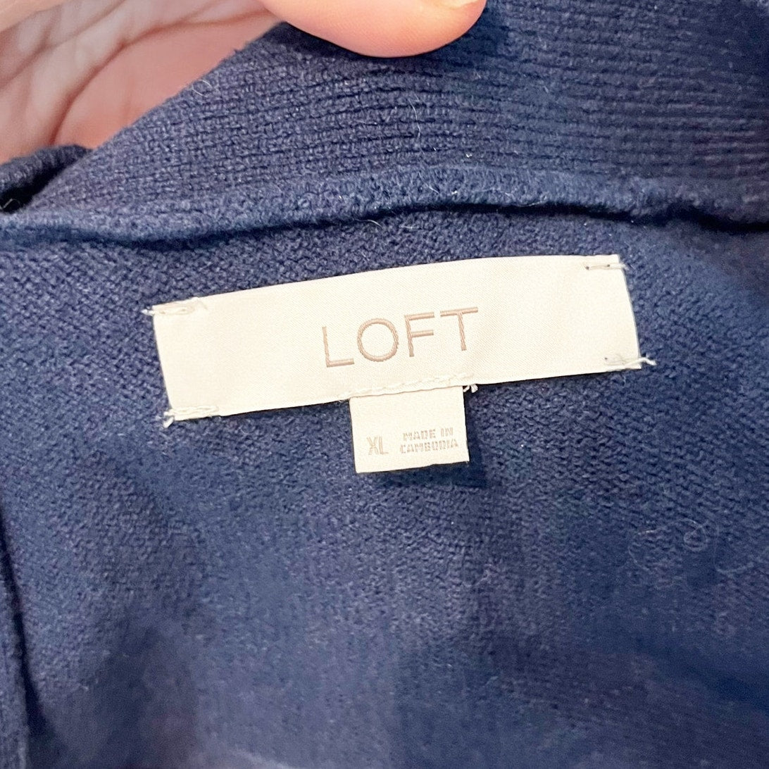 LOFT Cotton Blend Long Sleeve V Neck Striped Cardigan Sweater Navy Blue White XL