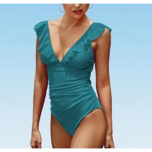 Plunge V Neck Ruffle Trim Ruched One Piece Swimsuit Teal Turquoise Blue Medium