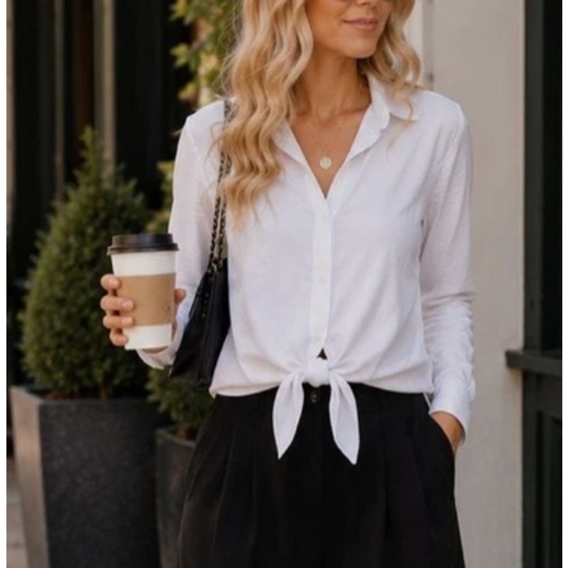 Cloth & Stone Long Sleeve Button Up Tie Front Top Shirt White Small