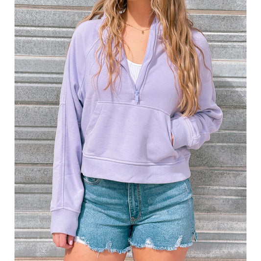 Hippie Rose 1/2 Zip Cropped Pullover Long Sleeve Sweatshirt Lavender Purple M