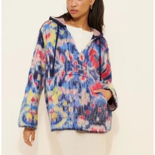 Anthropologie Relaxed Hooded Pullover Sweater Blue Red Multi Small / Medium