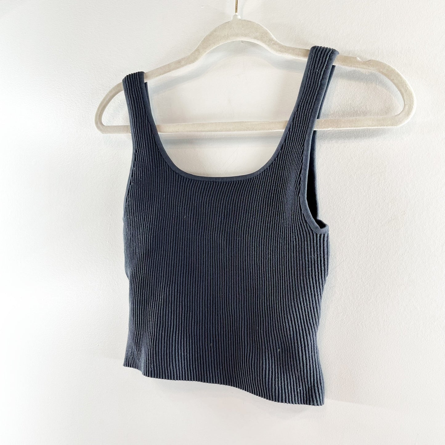 Quince Ribbed Square Neck Cropped Tank Top Gray Blue Small