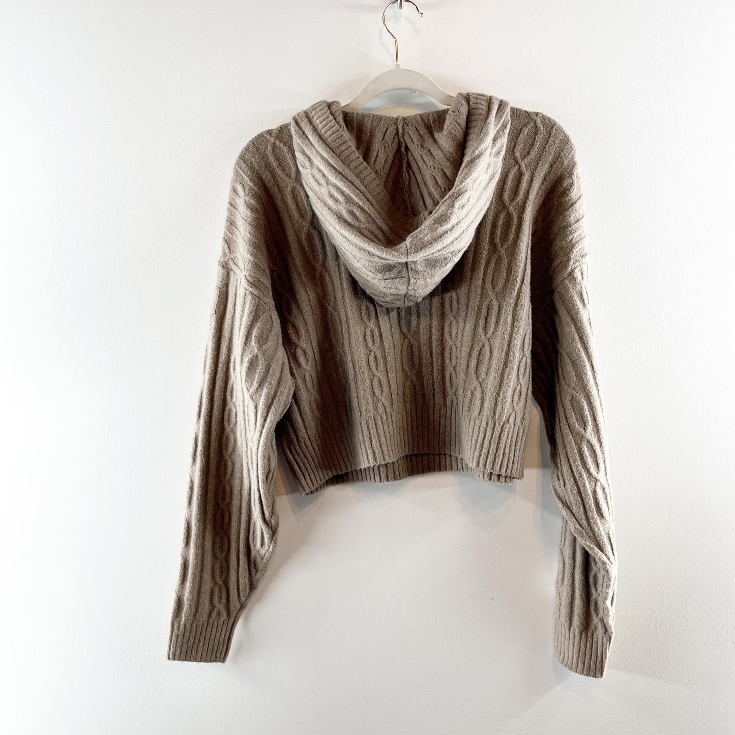 Alo Cable Knit Winter Bliss Hoodie Pullover Sweater Light Cocoa Tan Beige XS