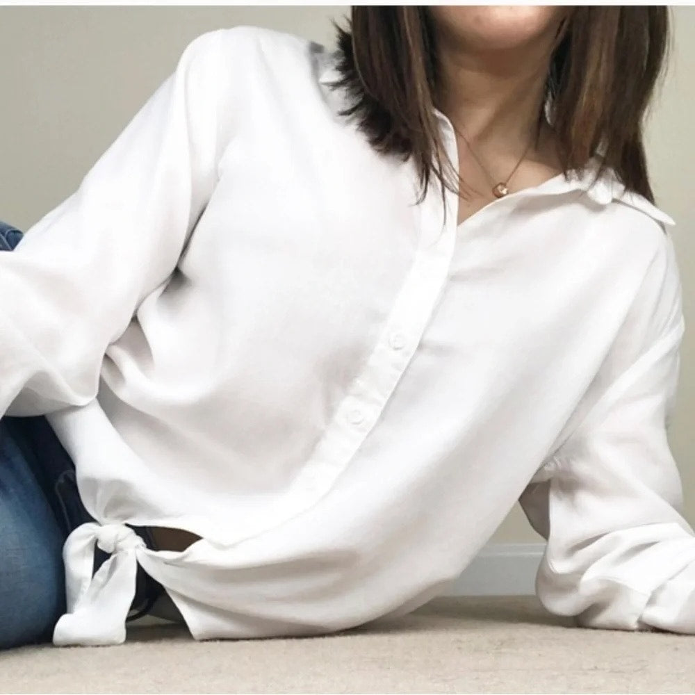 Cloth & Stone Tencel Long Sleeve Tie Hem Button-Up Shirt Top White Small