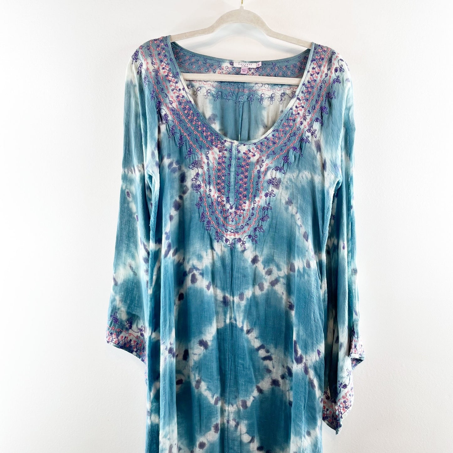 Calypso St. Barth Tie Dye Long Sleeve Scoop Neck Maxi Cover Up Dress Blue Large