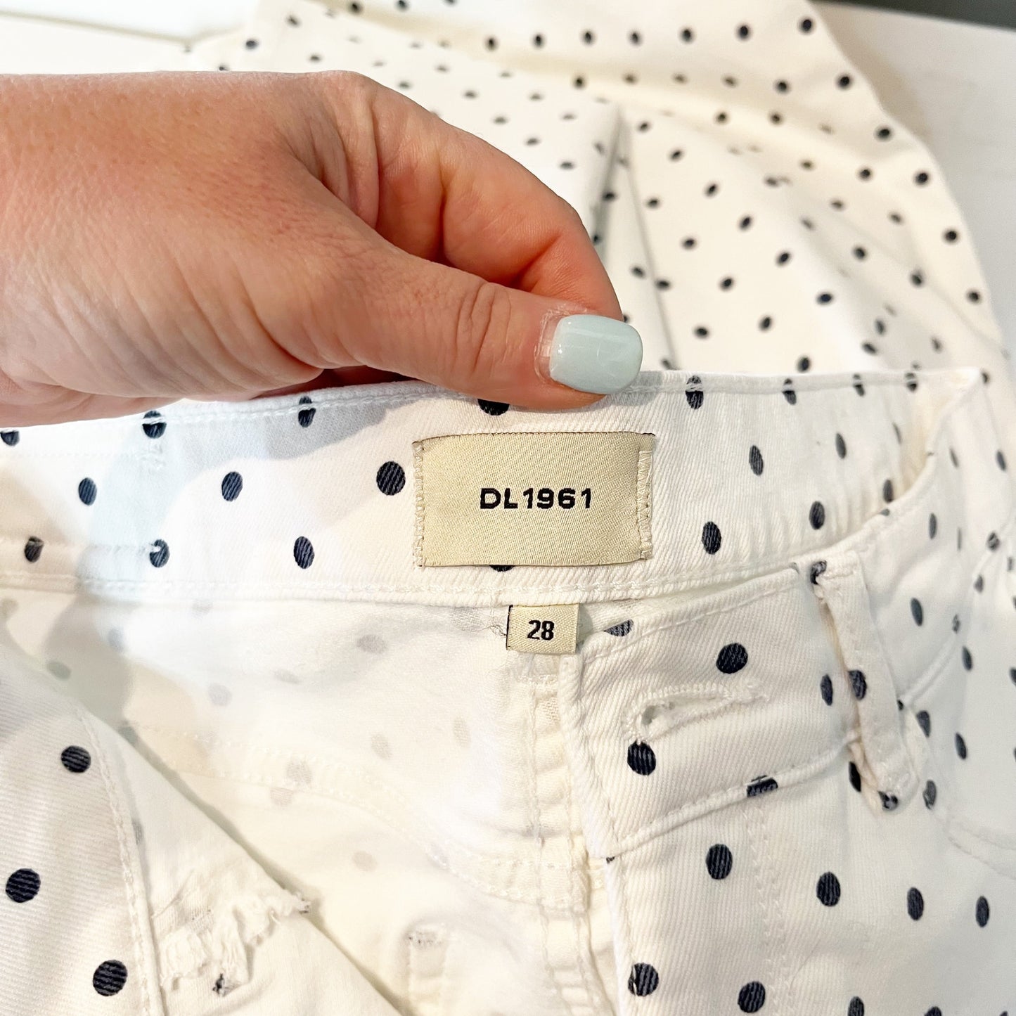 DL1961 Hepburn Polka Dot High Waisted Cropped Wide Leg Jeans Marine Dots 28
