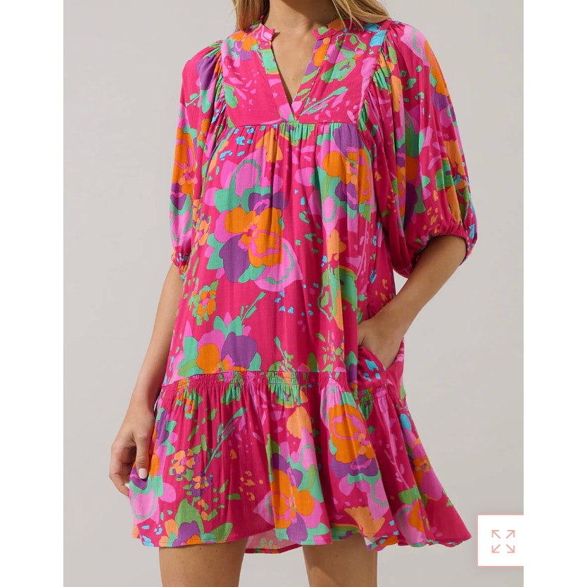 Sugarlips Himera Floral Maribor Shift Elbow Sleeve Tiered Babydoll Mini Dress S