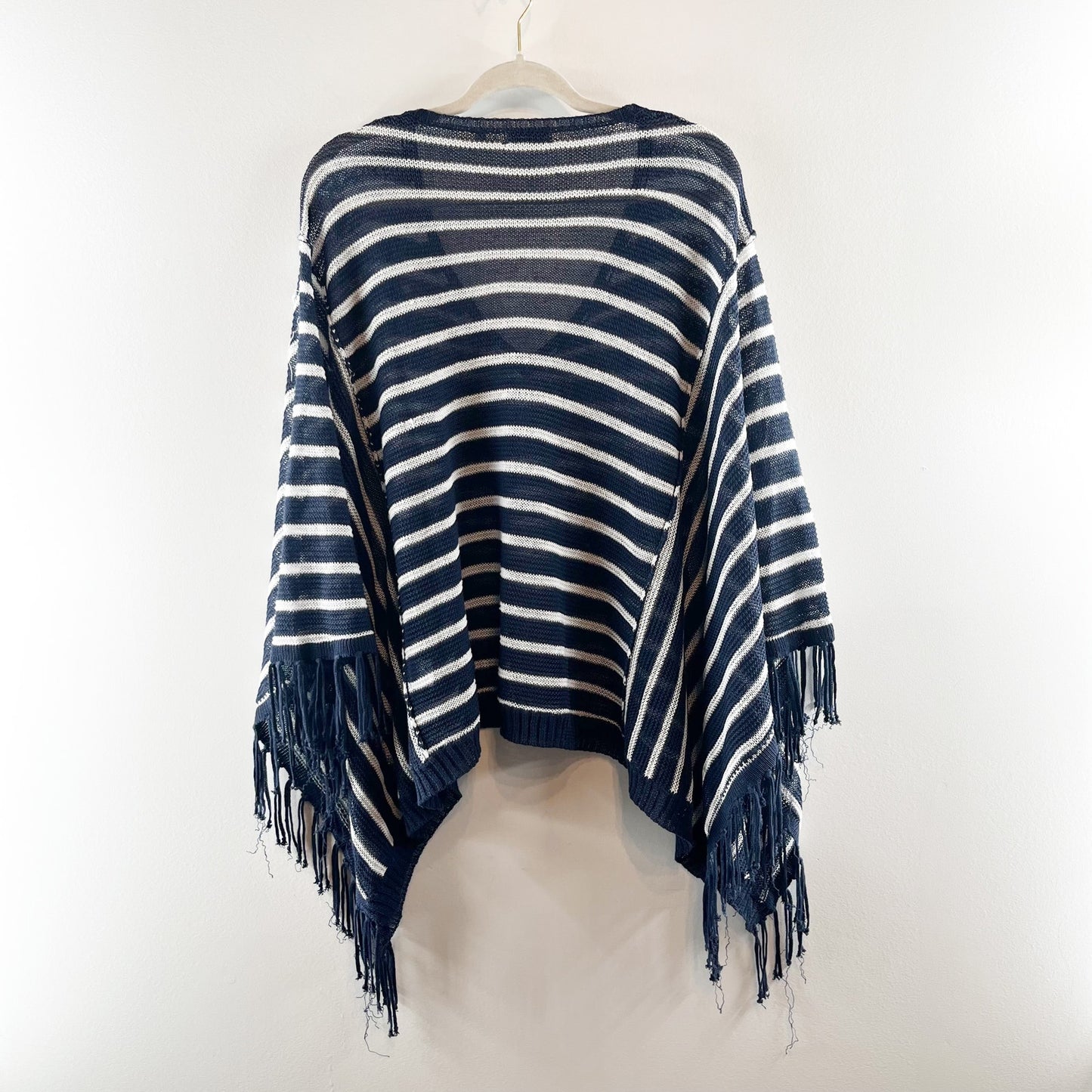 525 America Linen Striped Fringe Trim Poncho Sweater Navy Blue White XS / S