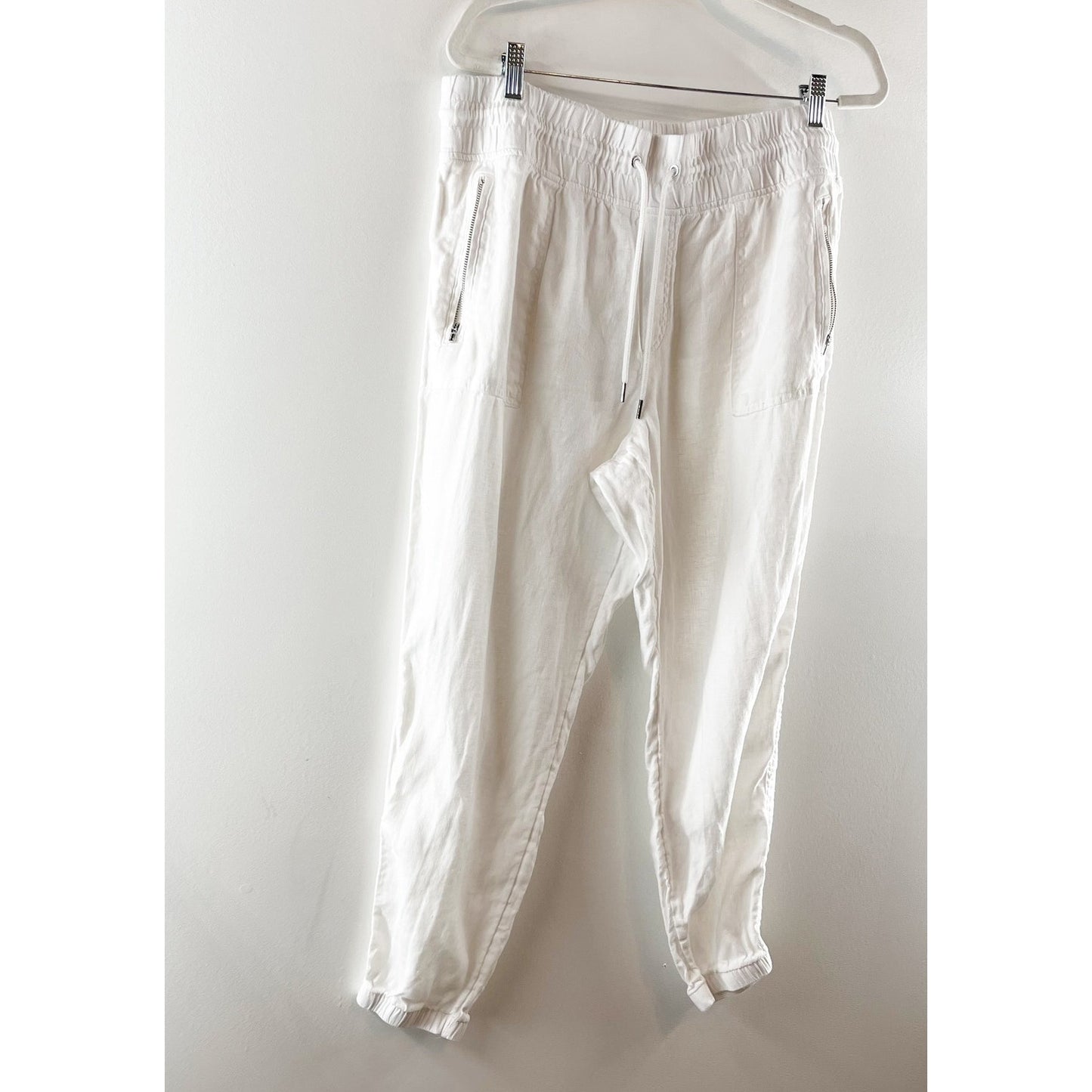 Athleta Cabo 100% Linen Pull On High Waisted Drawstring Jogger Pants White 16