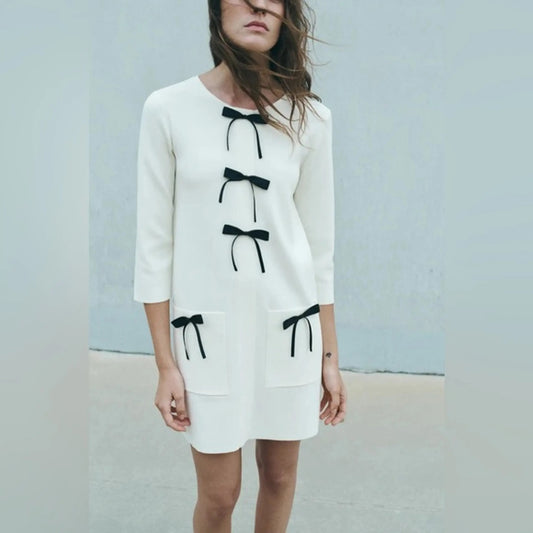 ZARA 3/4 Sleeve Sweater 3D Bows Mini Dress Cream Medium