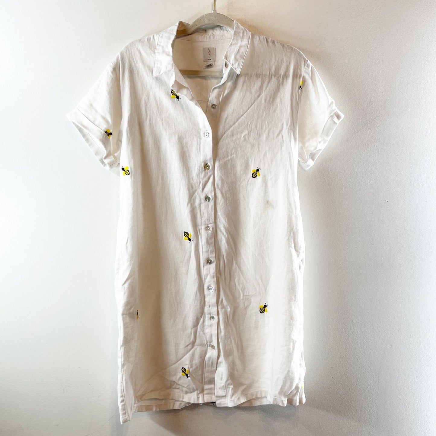Joie Short Sleeve Button Up Embroidered Bumble Bee Print Shirt Dress White Small