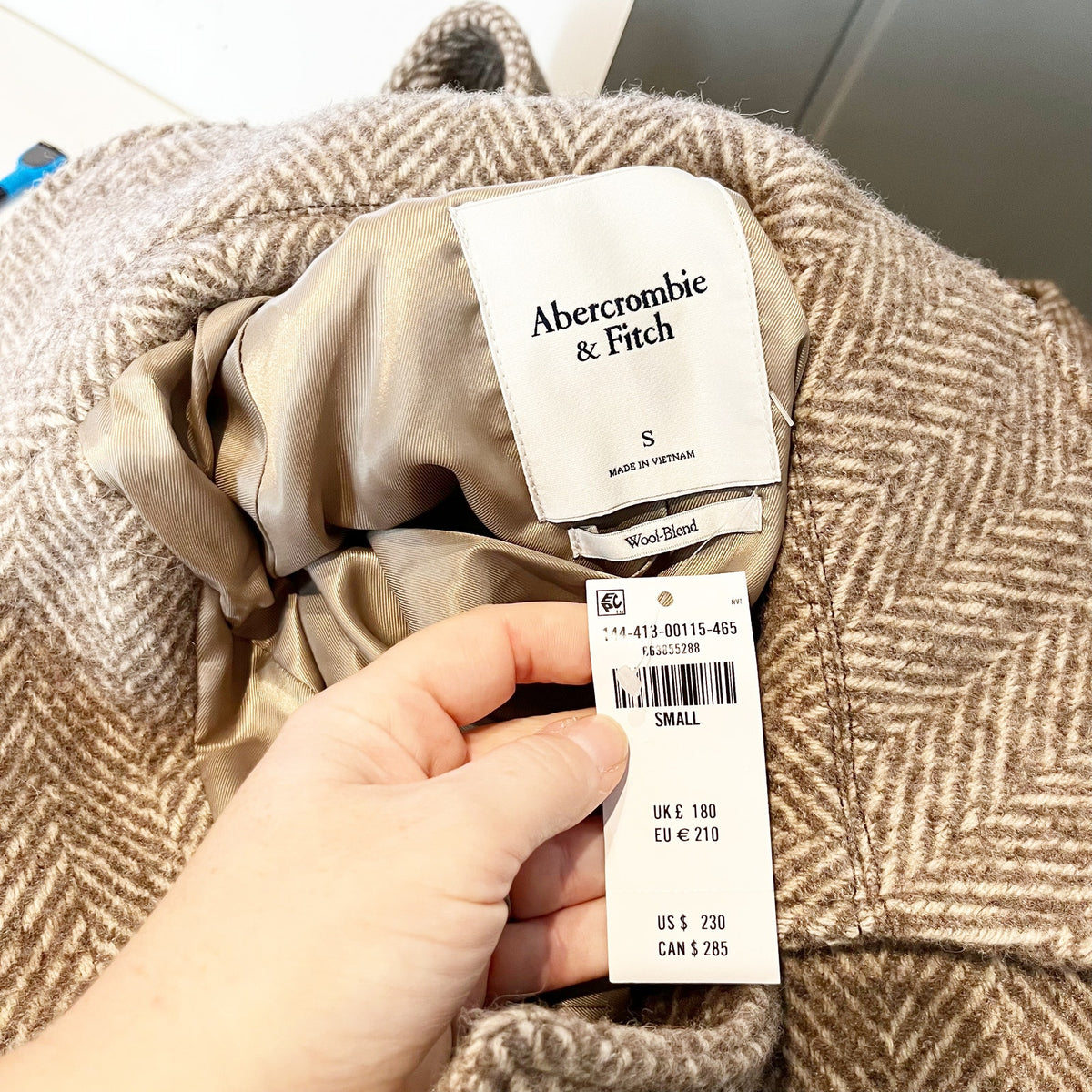 Abercrombie Carrie Wool Blend Belted Trench Coat Brown Herringbone Small