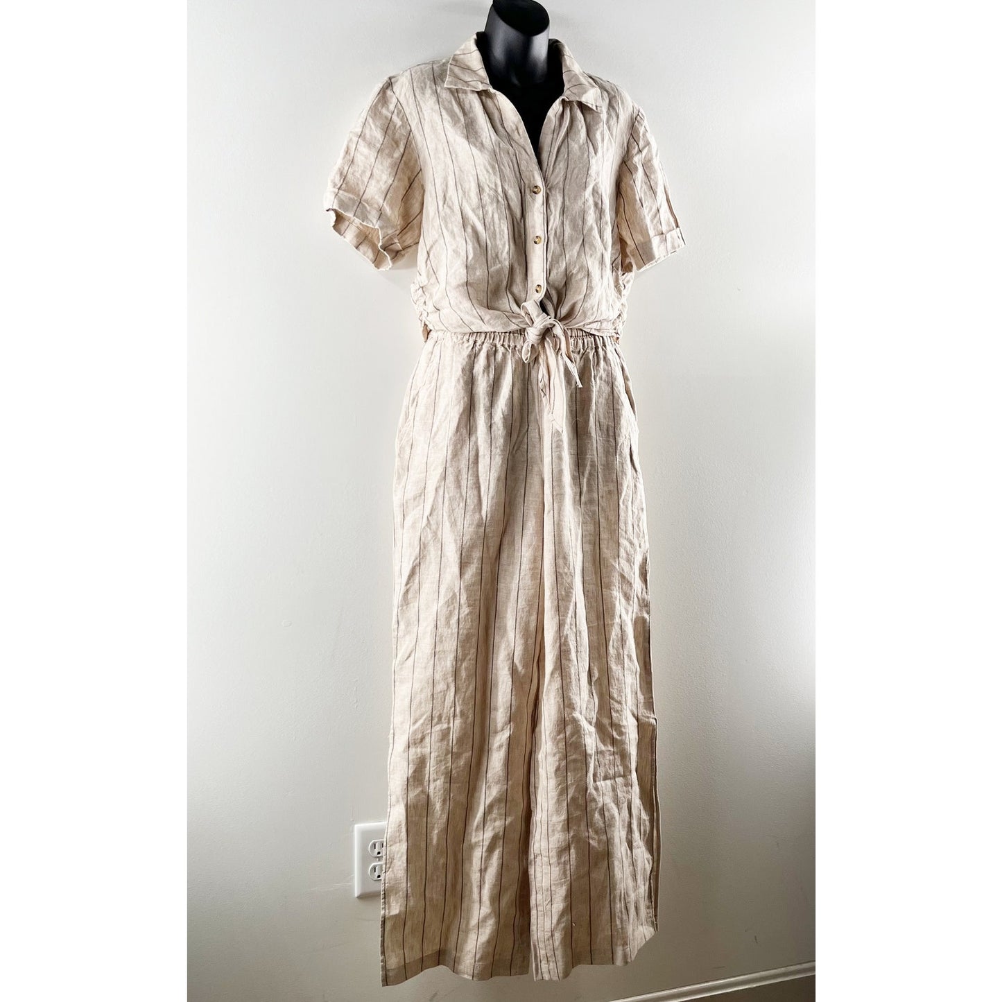 Sanctuary Short Sleeve Button Up Crop Top Wide Leg Linen Pants Set Tan Beige XS