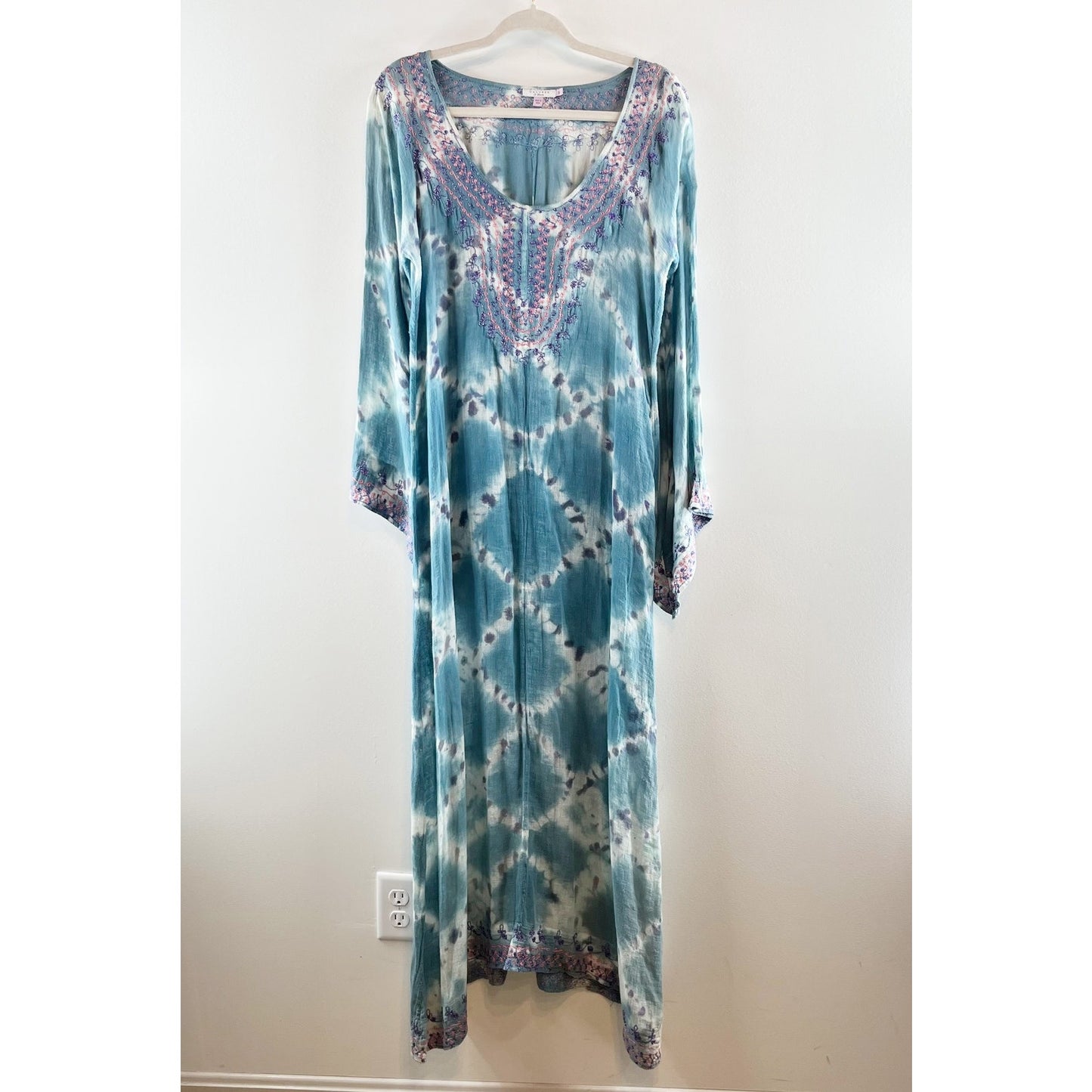 Calypso St. Barth Tie Dye Long Sleeve Scoop Neck Maxi Cover Up Dress Blue Large