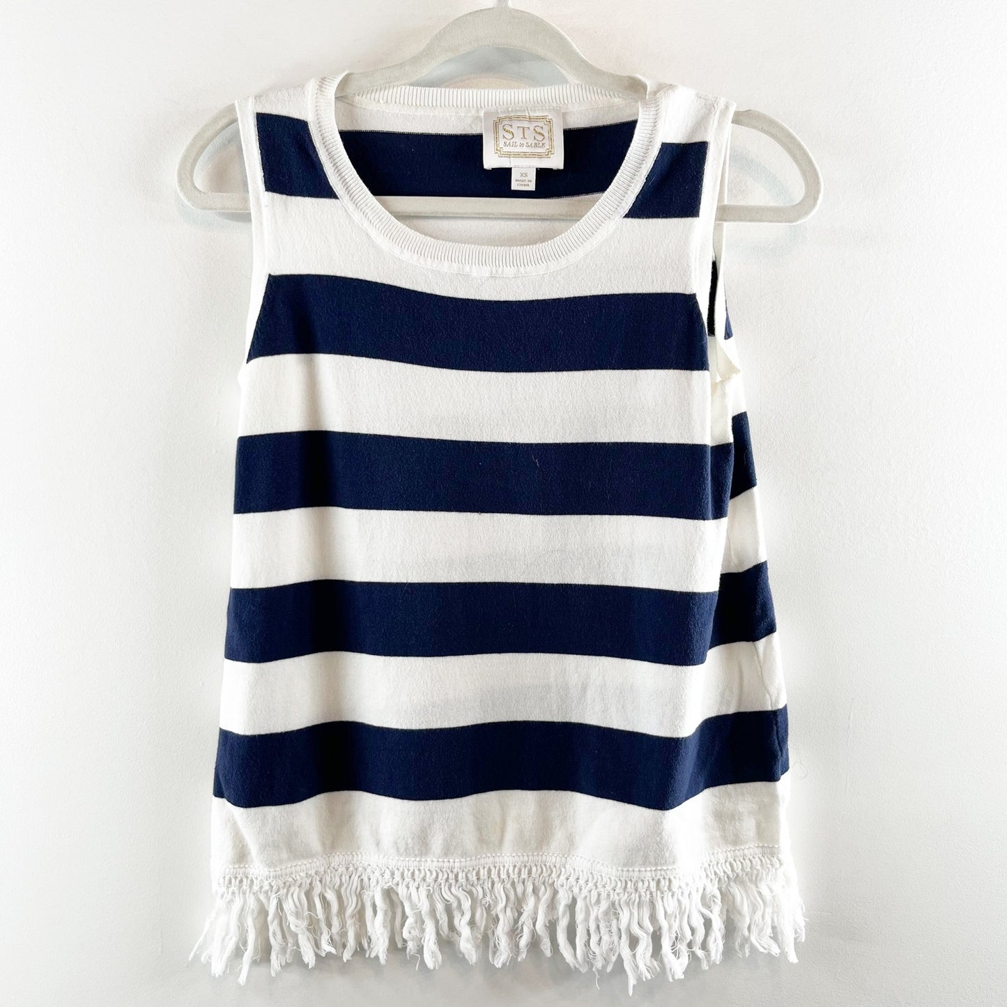 Sail to Sable Hydna Fringe Trim Striped Sweater Tank Top White Blue XS