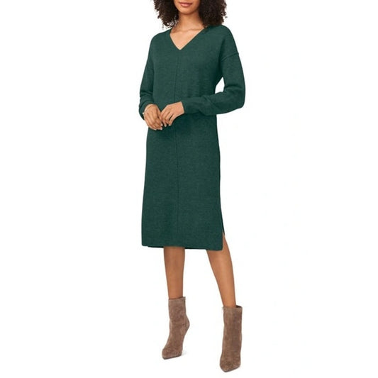 Vince Camuto V Neck Long Sleeve Midi Sweater Dress Green XXL / 2X