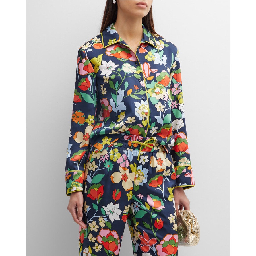 Kate Spade New York Flower Bed Floral-Print Twill Pajama Shirt Blazer Blue XL