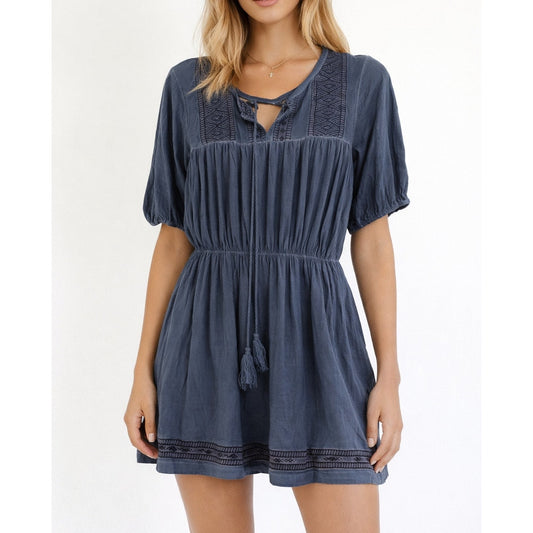 POL Short Puff Sleeve Boho Mini Dress Elastic Waist Tassel Drawstring Blue Small