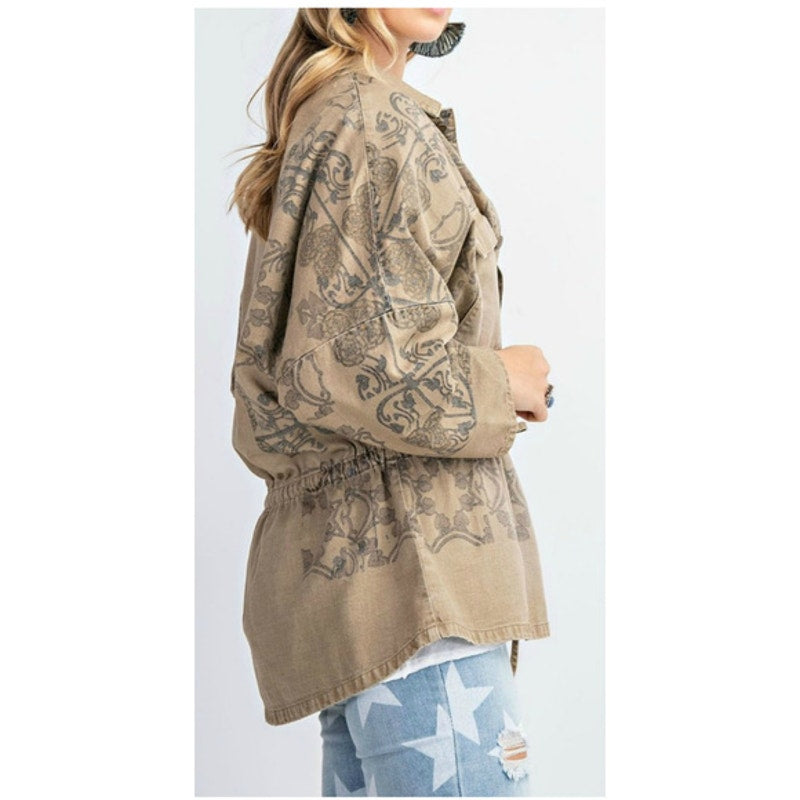 Easel Long Sleeve Snap Button Utility Jacket Paisley Victorian Khaki Tan Small