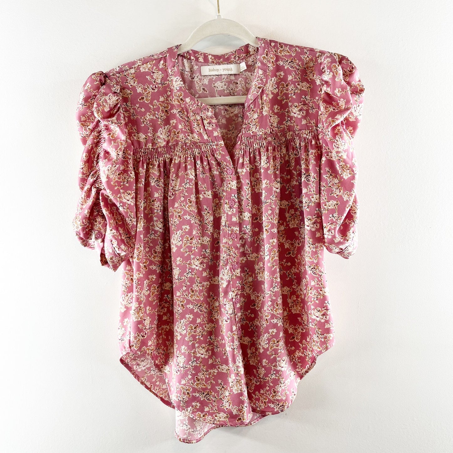 Bishop + Young Floral Puff Short Sleeve Blouse Shirt Pink Small