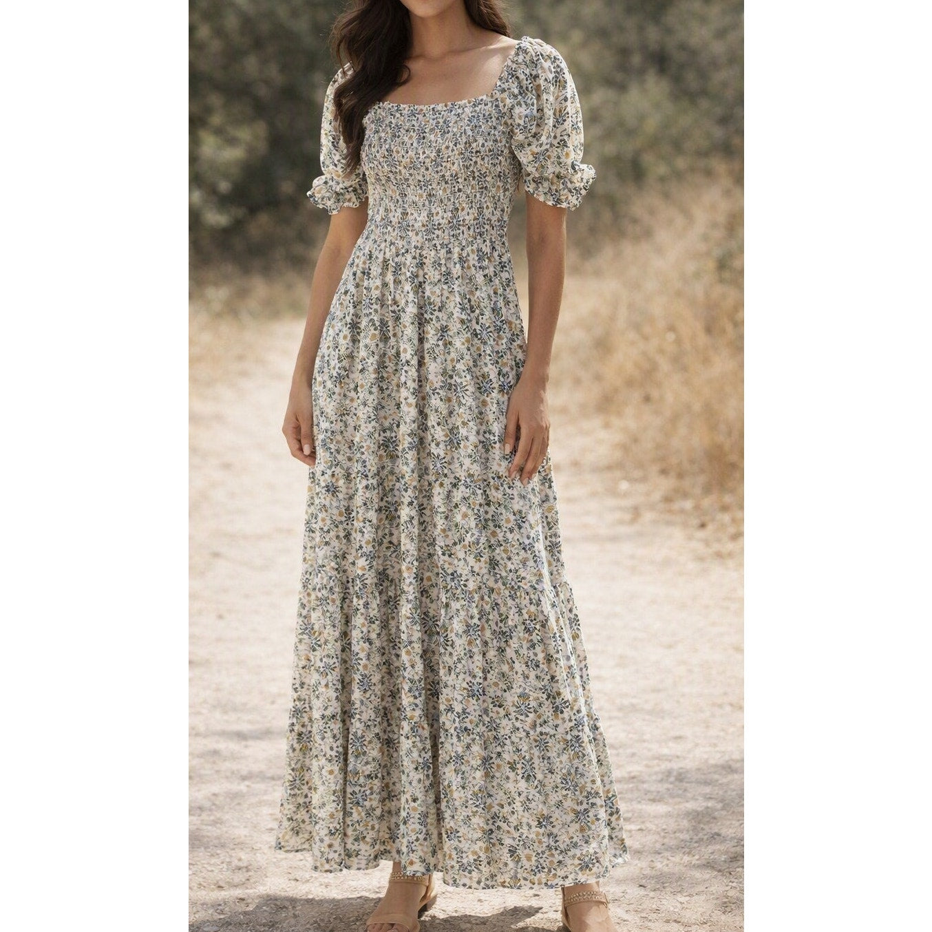 Max Studio Floral Print Puff Sleeve Smocked Tiered Maxi Sundress Green Large