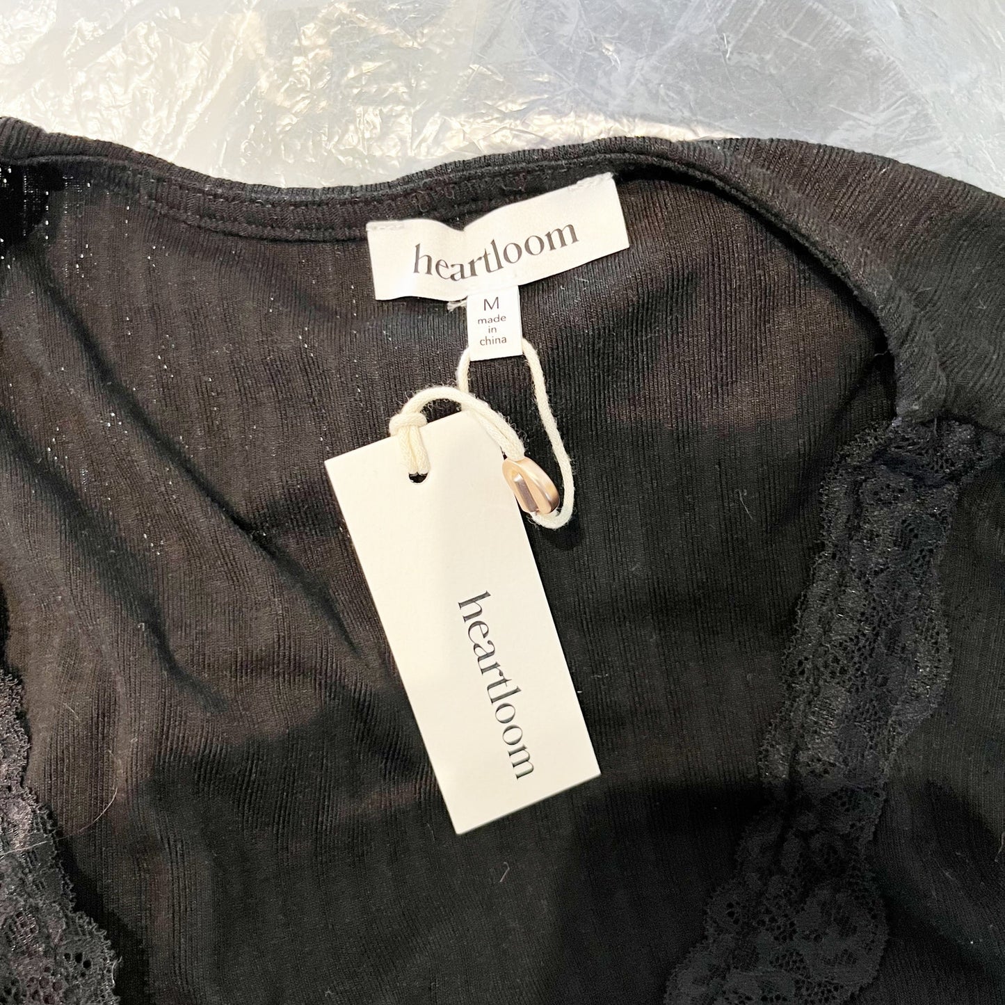 Heartloom Aranelle Lace Trim Short Sleeve V-Neck Blouse Top Black Medium