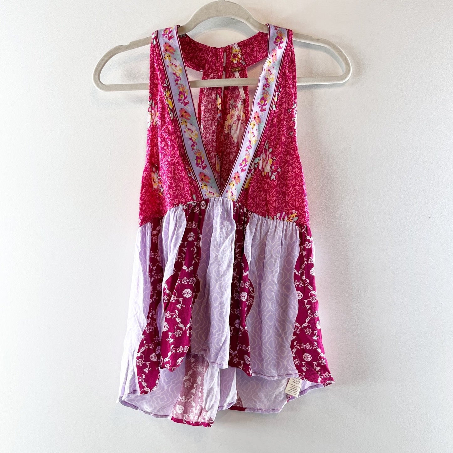 Free People Dream Darlin Patchwork Printed V Neck Swing Tank Top Pink Small