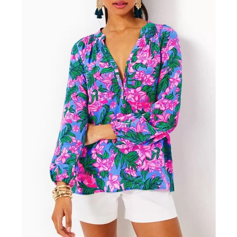 Lilly Pulitzer UPF 50+ Skipper Popover Blouse Cerise Pink Safari Sunset Large