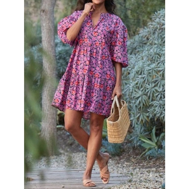 Sundry Evereve All Day Puff Sleeve Floral Mini Cotton Dress Purple XS