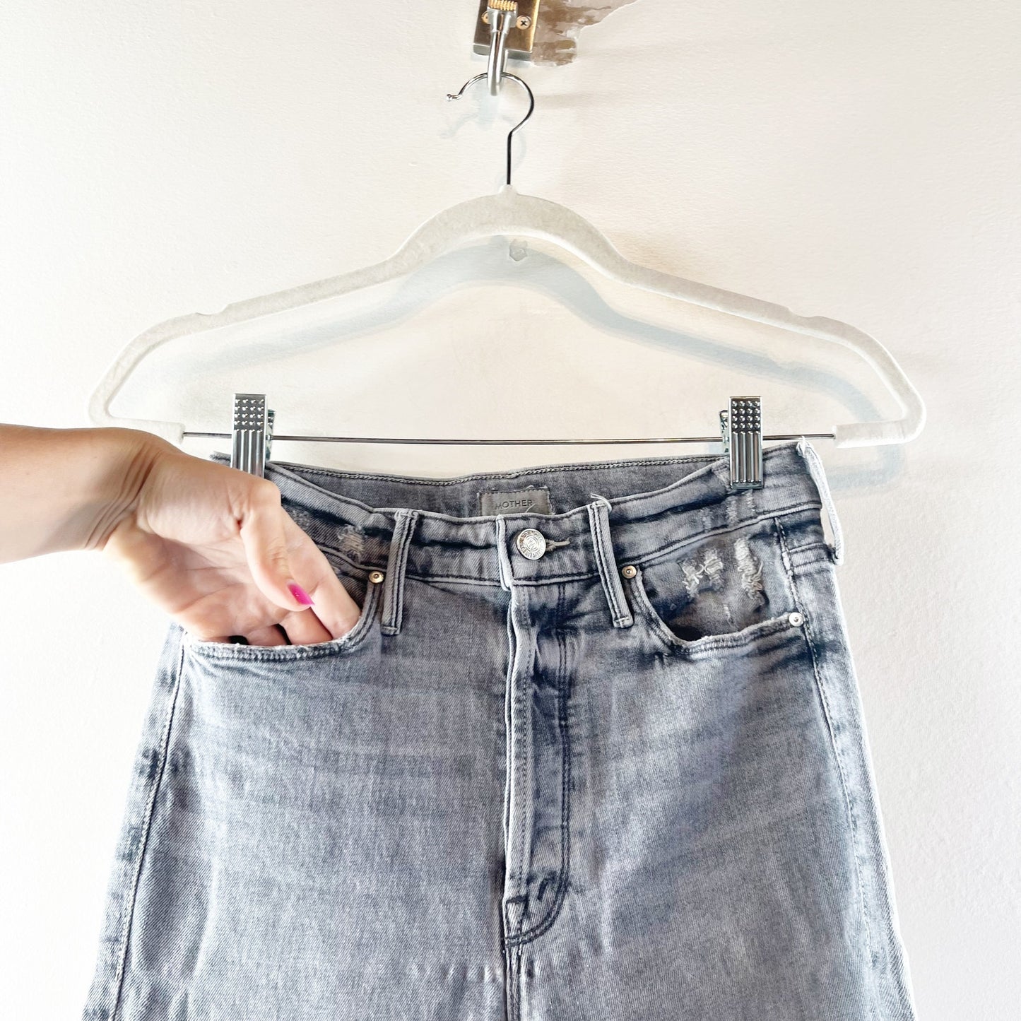 Mother The Button Fly Dazzler Ankle Straight Jeans Shadows in The Grass Gray 26