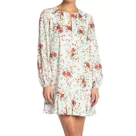 Parker Nola Floral Long Sleeve Babydoll Mini Dress White Small