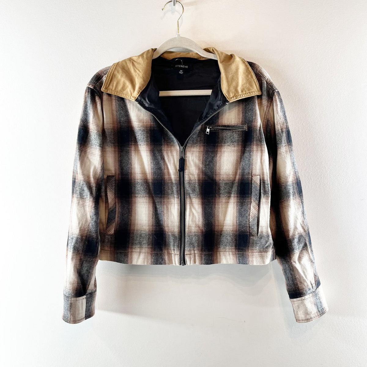 Evereve Cropped Plaid Barn Jacket Long Sleeve Full Zip Brown XS