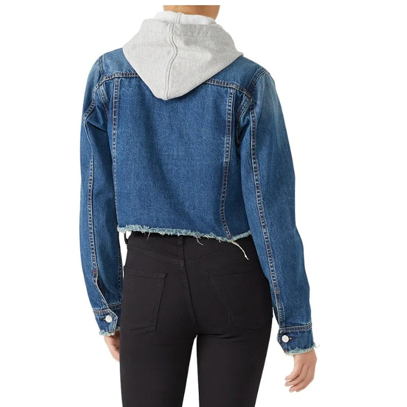 Veronica Beard Cara Cropped Layered Raw Hem Jean Denim Jacket Blue Large