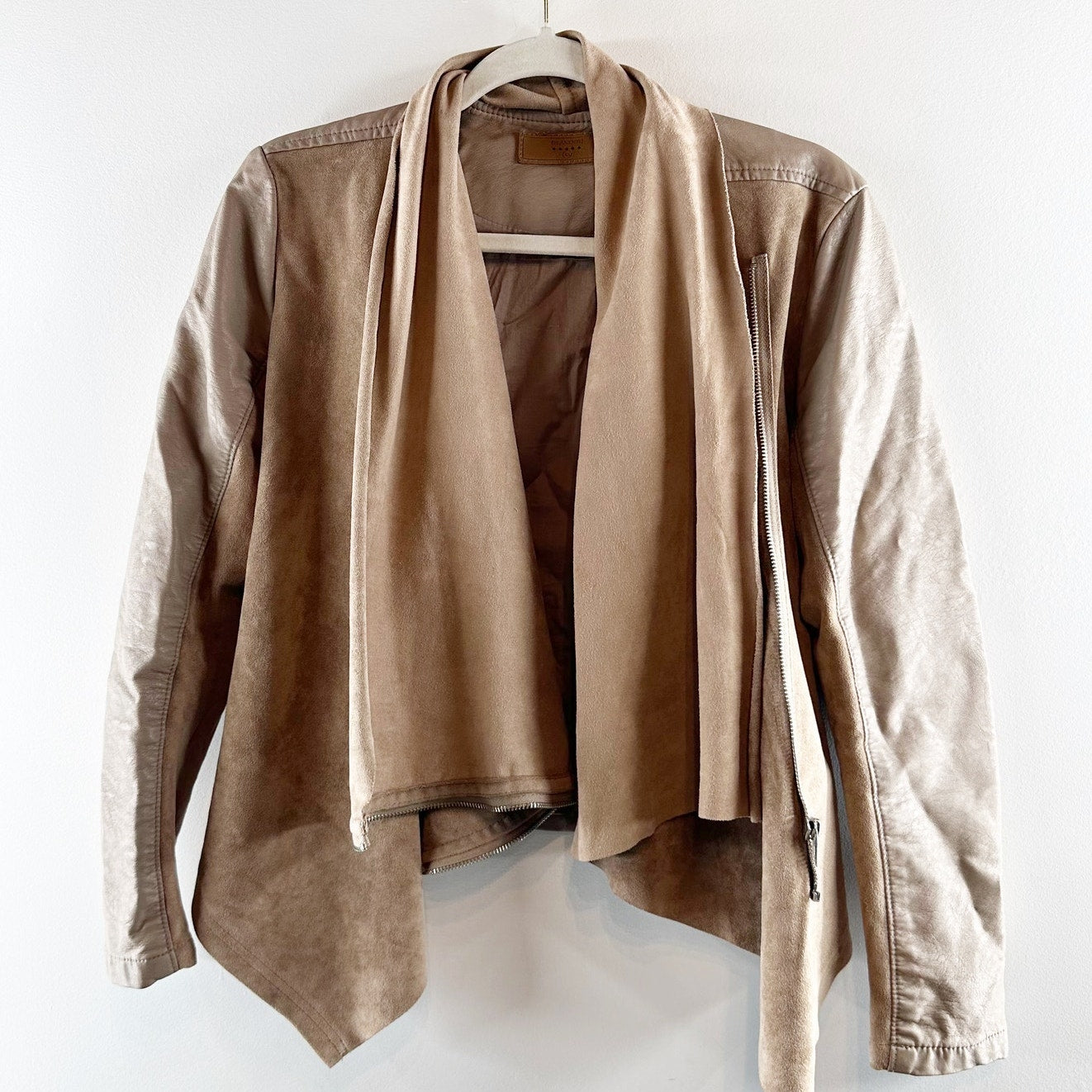 Blank NYC Vegan Suede Leather Waterfall Open Moto Jacket Tan Women's Size XS