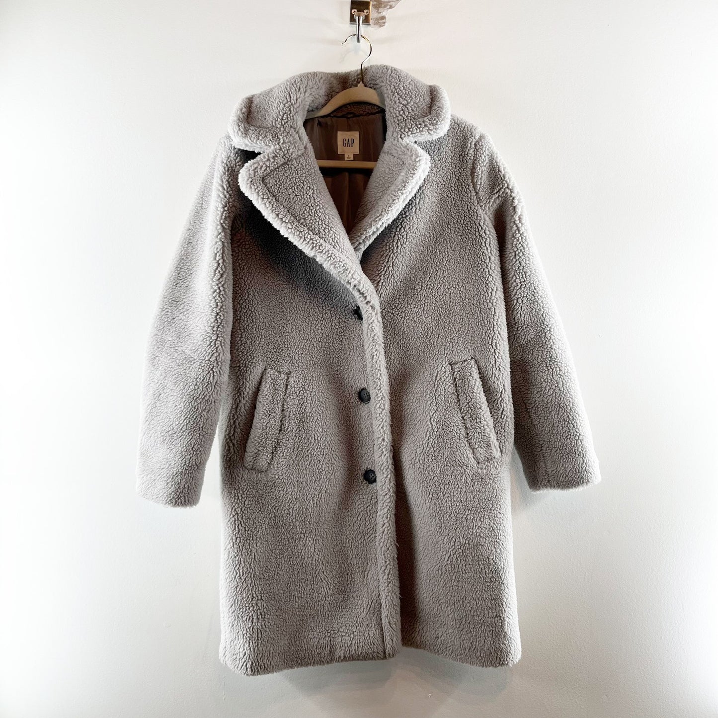 Gap Long Sleeve Notch Lapel Mid-Length Sherpa Teddy Overcoat Silver Grey Small