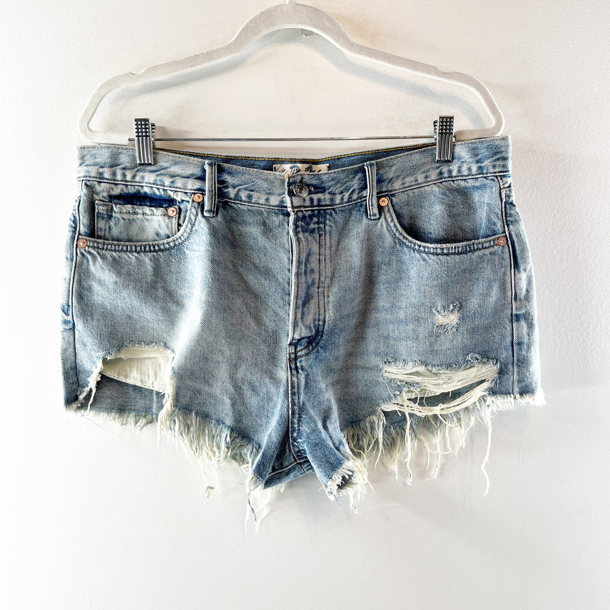 Free People Loving Good Vibrations Distressed Cutoff Denim Shorts Blue 31