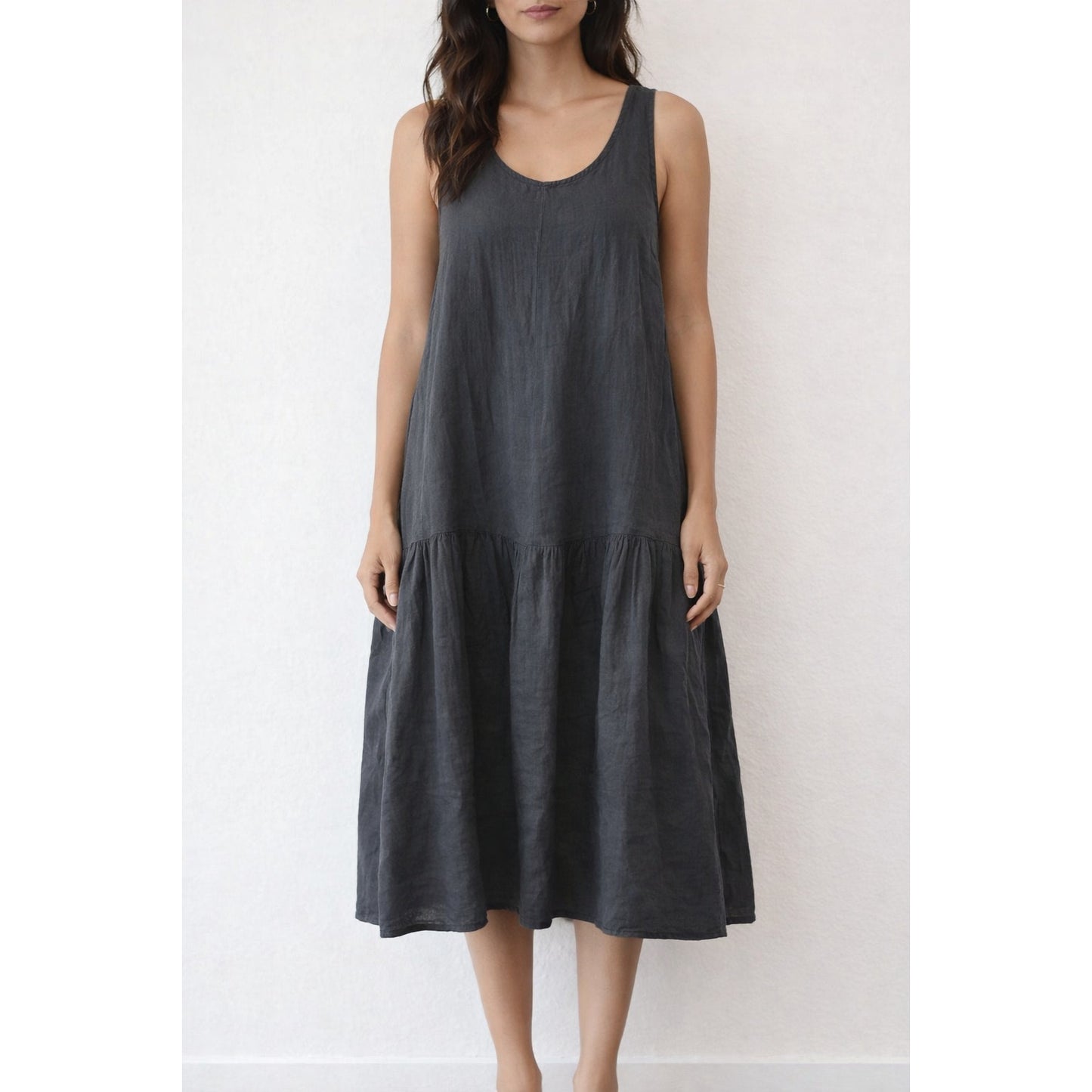 Tempo Paris Sleeveless Linen Boho Midi Dress Gray Small / Medium