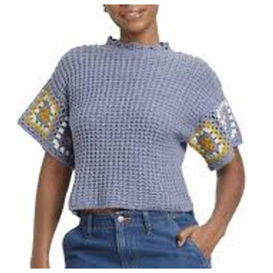 Universal Thread Short Sleeve Granny Square Crochet Knit Cropped Sweater Blue S