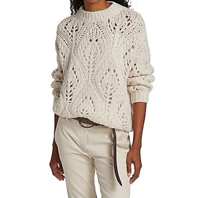 Aerie Long Sleeve Open-Weave Knit Crewneck Pullover Sweater Cream Small