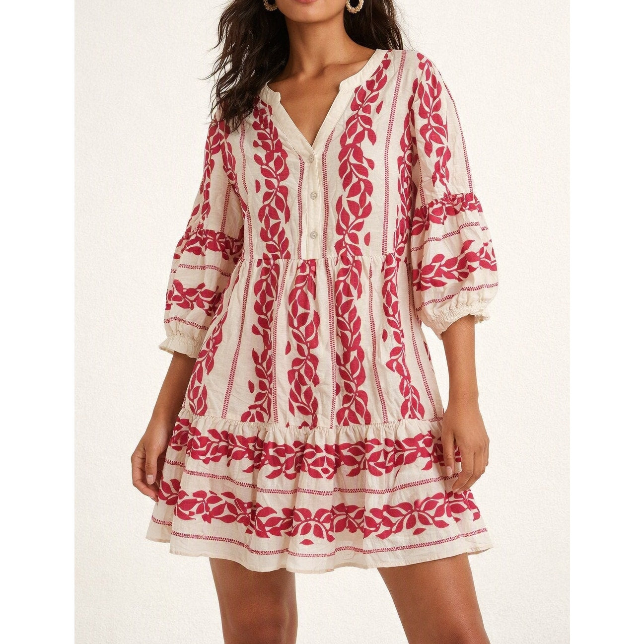 Figueroa & Flower Printed 3/4 Sleeve Tunic Mini Dress Red Cream Small