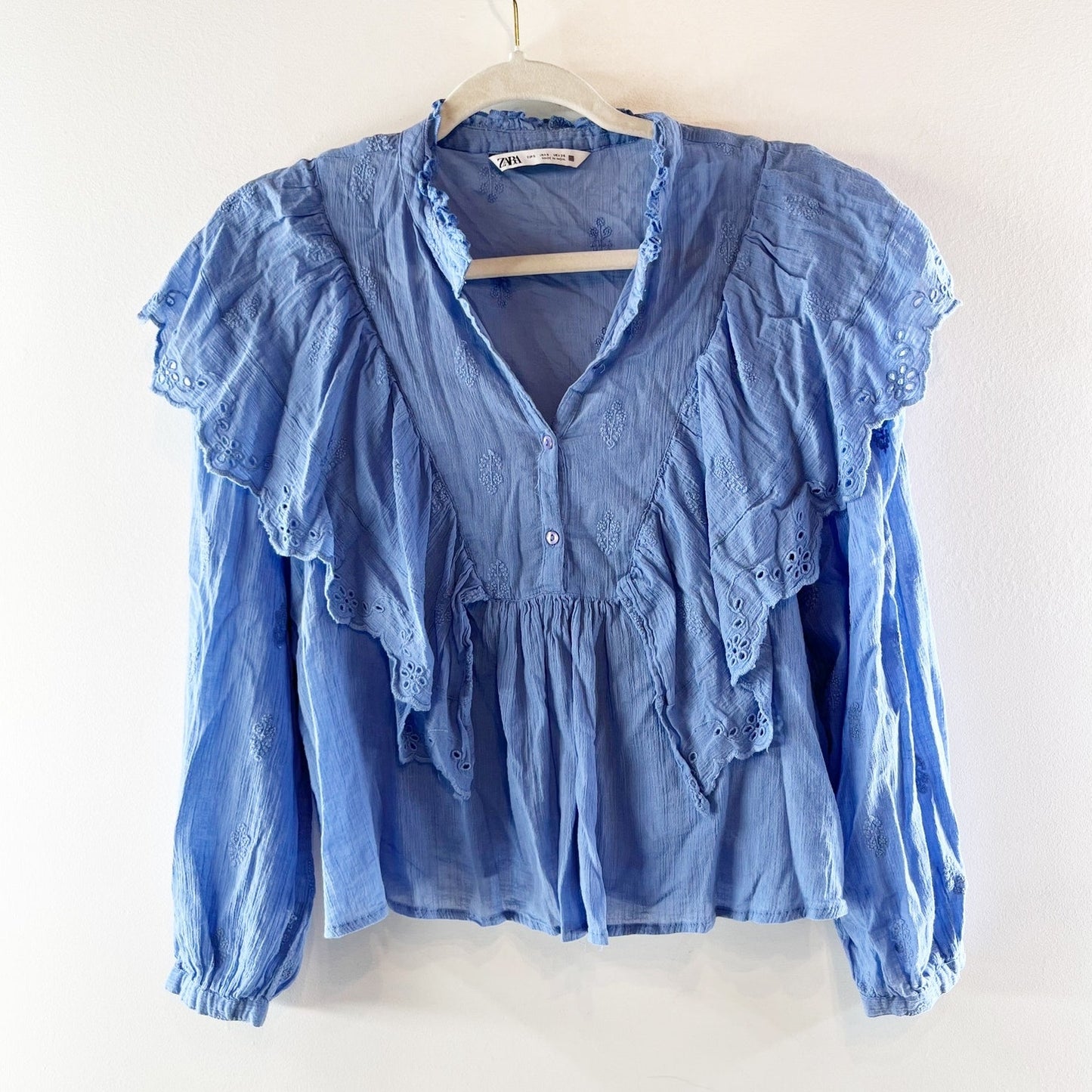 ZARA Long Sleeve Eyelet Ruffle Cotton Blouse Top Blue Small