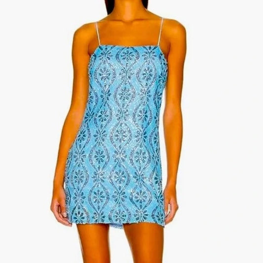 Free People Retro Babe Floral Sequin Square Neck Mini Slip Dress Blue XL