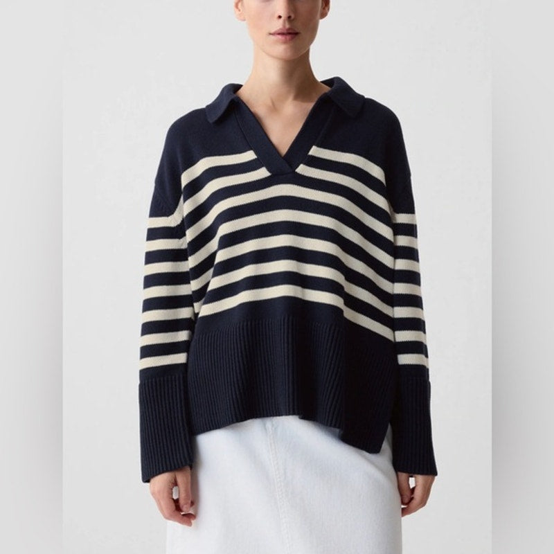 GAP 24/7 Split Hem Striped Long Sleeve Polo Sweater Navy Blue Medium