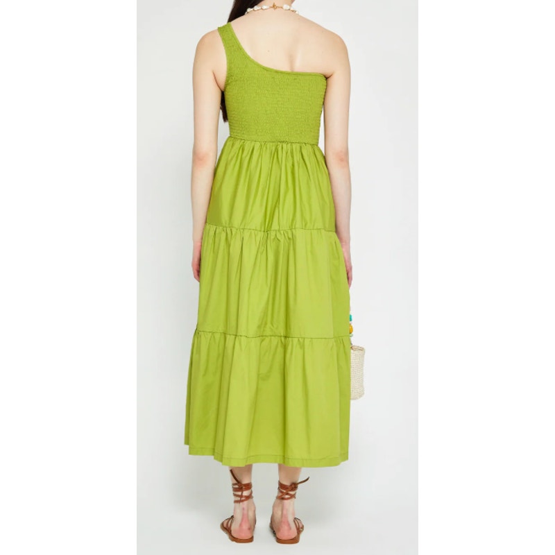 o.p.t One Shoulder Smocked Tiered A-Line Maxi Dress Chartreuse Green Large